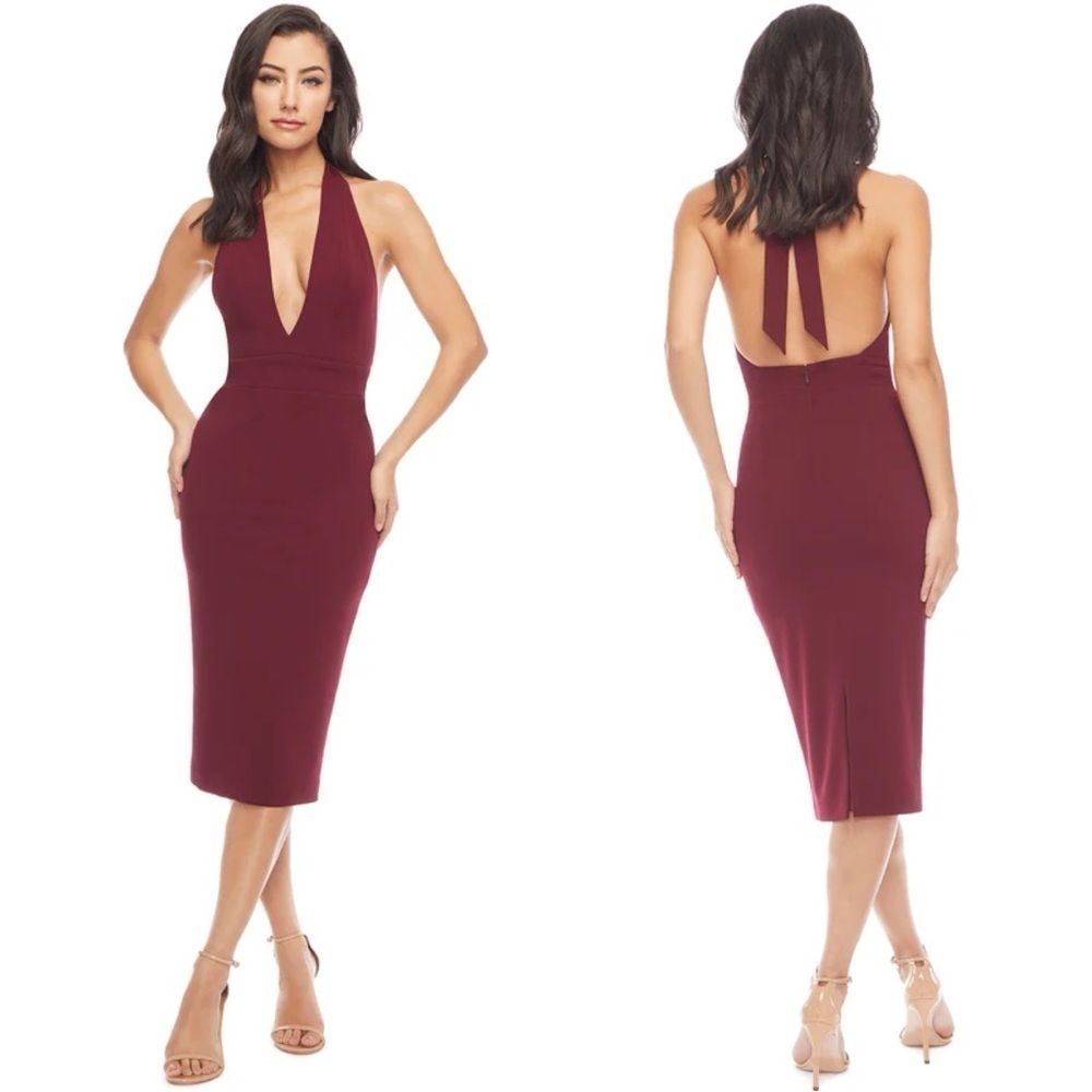 Dress The Population Dress Vanessa Halter Midi Plunge Neckline Burgundy M